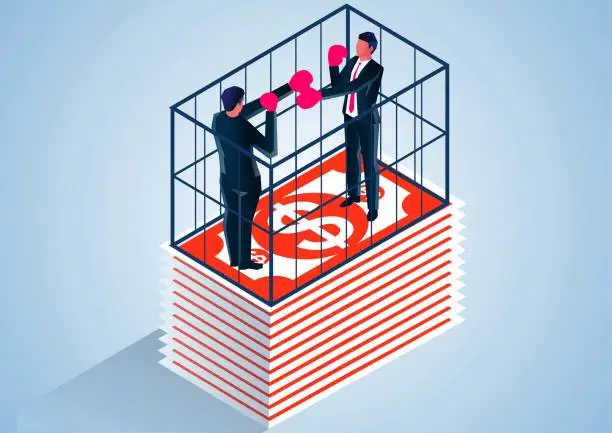Vector illustration of Isometric two businessmen boxing match in the ring of money, business competition and business strategy