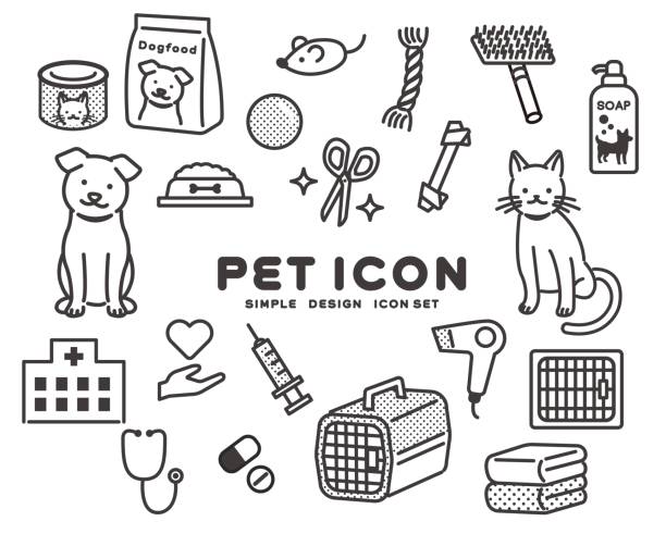 ilustraciones, imágenes clip art, dibujos animados e iconos de stock de perros y gatos simples y lindos y juguetes e ilustraciones vectoriales de conjuntos de iconos para hospitales de animales / mascotas / recortes / hospitales - correa objeto fabricado