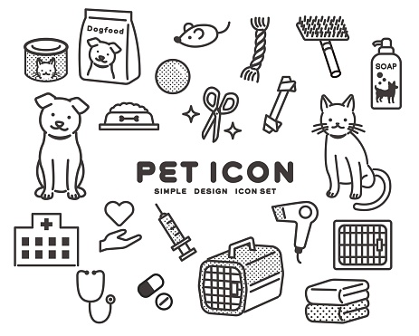 Simple and cute dogs and cats and toys and vector illustrations of icon sets for animal hospitals / pets / trimming / hospitals