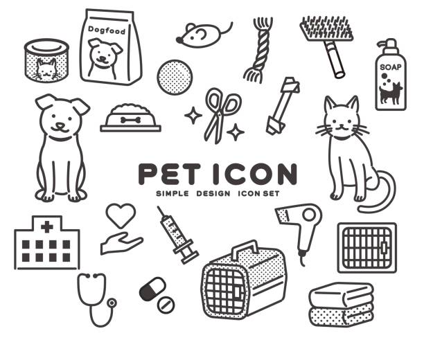 Simple and cute dogs and cats and toys and vector illustrations of icon sets for animal hospitals / pets / trimming / hospitals Simple and cute dogs and cats and toys and vector illustrations of icon sets for animal hospitals / pets / trimming / hospitals simple cat line art stock illustrations