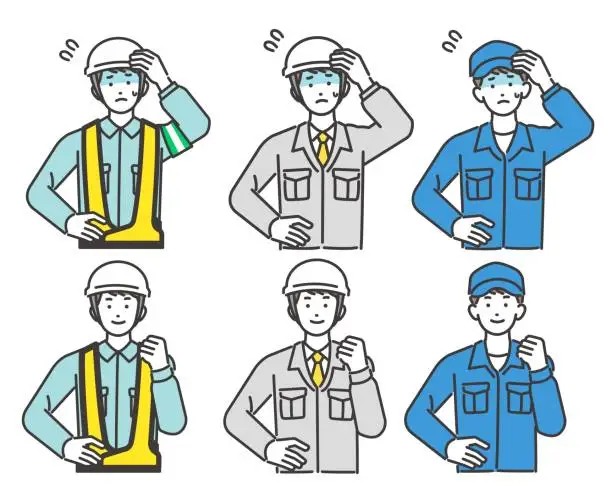 Vector illustration of Vector illustration material of icons of traffic guides and workers suffering from heat stroke / summer / heat stroke / ultraviolet rays / set