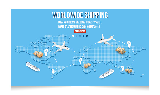 Modern world wide international shipping business isometric concept with export, import, warehouse business, transport. Vector illustration