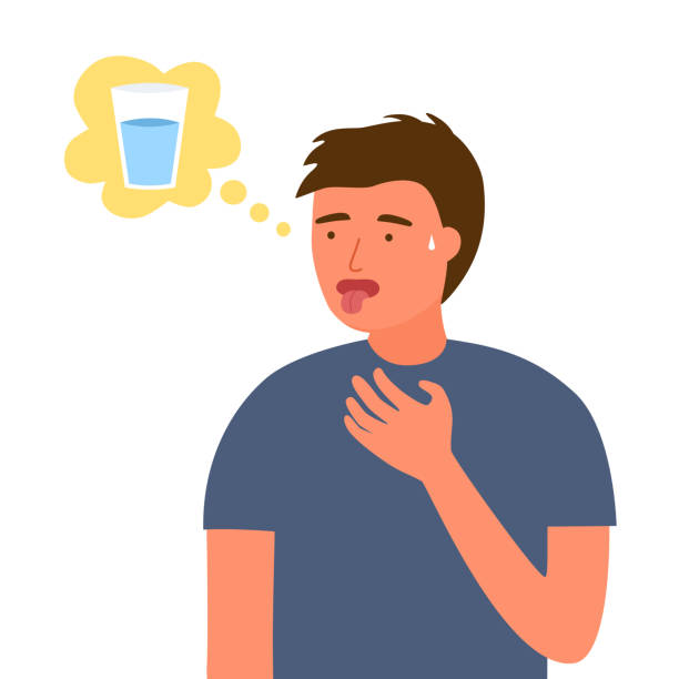 Sweaty man feel thirsty in flat design. Kids want to drink water. vector art illustration