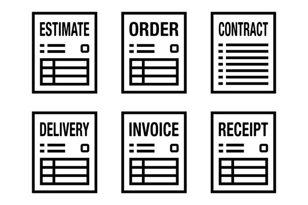 geschäftsdokumente wie angebote und verträge. einfaches vektor-icon-set-material - order buying purchase order bill stock-grafiken, -clipart, -cartoons und -symbole