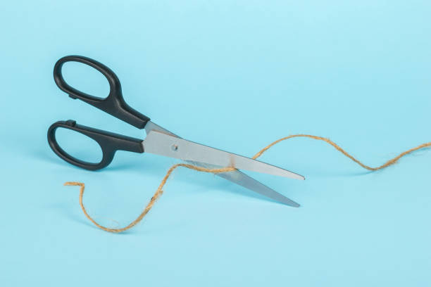 istock Classic scissors cutting rope on a blue background. 1407428785
