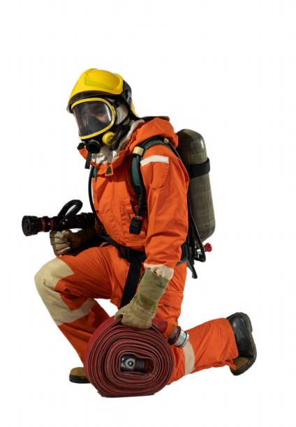 istock Fireman action portriat on the white background 1407429552