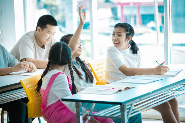 Elementary school students raise their hands to answer questions.