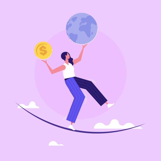 Eco environmental balance concept Woman with money and planet earth on rope, balancing money and nature, eco environmental balance concept climate change money stock illustrations