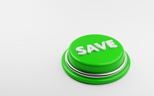 Green save button concept isolated background. 3d object
