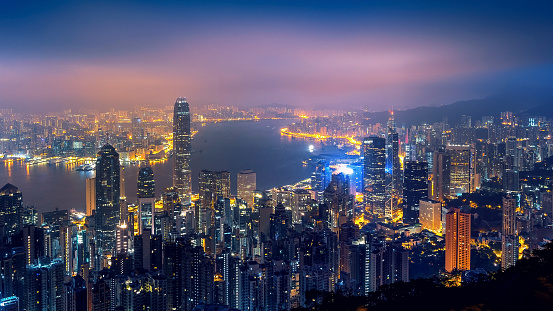 Hong Kong cityscape at night from the Victoria peak.