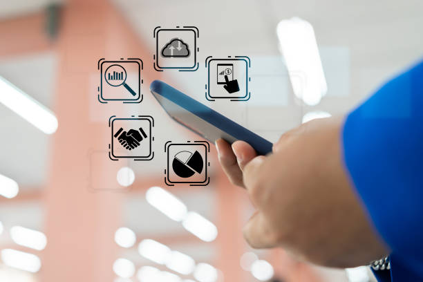 Office man using smartphone, double exposure office interior with skyscrapers, hologram of network icons, digital security interface, worldwide connection. Concept of personal data protection