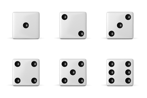Set of six white dice in front view with black dots different numbers. 3d rendering illustration.