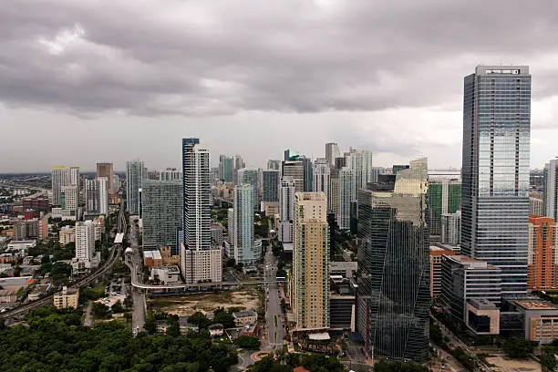 A view of Brickell, Miami's financial district, under storm clouds after a tropical storm.