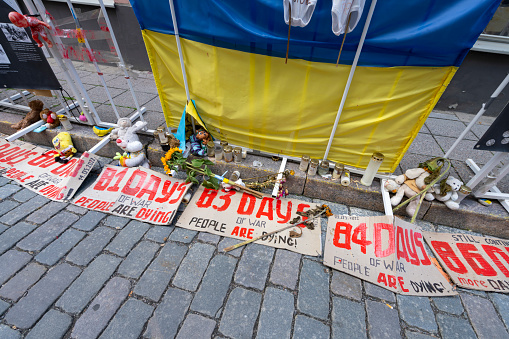 Tallinn, Estonia. July 2022.  Protest placards against the Russian invasion of Ukraine in front of the Russian embassy in Tallinn.