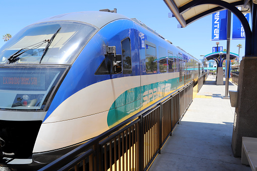 Oceanside, California, USA - July 3, 2022: Sprinter DMU Train - Oceanside Transportation Center.\n\nSprinter is operating in the North County area of San Diego County between the cities of Escondido and Oceanside, California, United States.