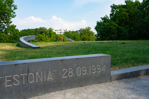 Tallinn, Estonia. July 2022.  The Broken line monument. This monument, erected on the Suur Rannavarav bastion in Tallinn, recalls one of the most tragic events in recent history: it is dedicated to those who lost their lives on the 'Estonia' ferry which sank on the night of 28 September 1994 between Tallinn and Stockholm.