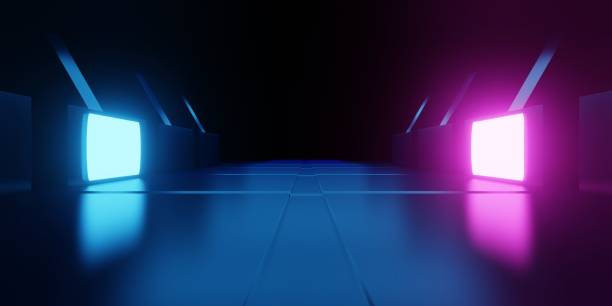3d rendering of spaceship corridor neon glowing blue purple background futuristic. Cyberpunk concept. Scene for advertising, showroom, technology, future, modern, sport, metaverse. Sci Fi Illustration representación en 3d del pasillo de la nave espacial de neón brillante fondo púrpura azul futurista. concepto cyberpunk. escenario para publicidad, showroom, tecnología, futuro, moderno, deporte, metaverso. ilustración de ciencia ficción