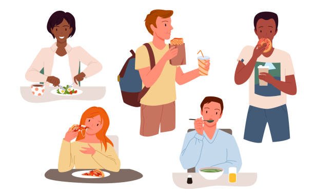illustrazioni stock, clip art, cartoni animati e icone di tendenza di le persone mangiano cibo set, personaggi maschili e femminili affamati bevono caffè, mangiano fastfood - eating