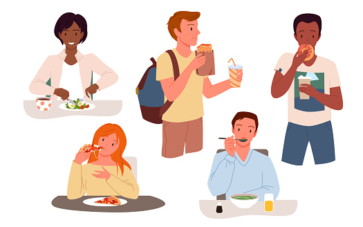 People eat food set vector illustration. Cartoon hungry male and female characters drink coffee, person eating fastfood snacks, delicious pizza and salad, sweet dessert isolated on white. concept