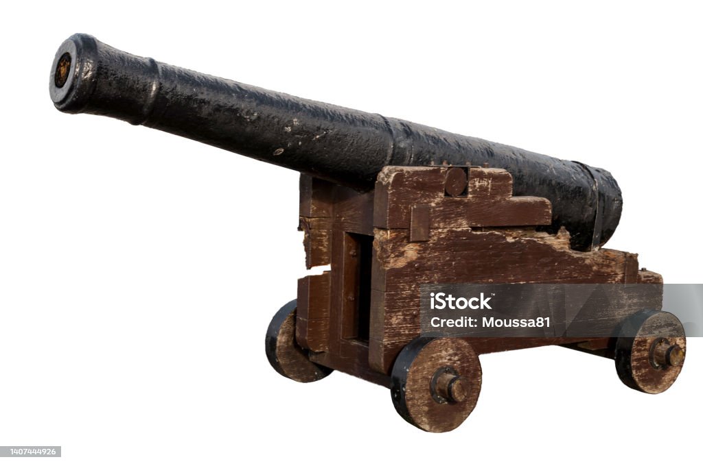 Obsolete defense, old-fashioned battle gun and vintage weapon concept with photograph of aged naval canon made of wood and iron isolated on white background with clipping path cutout Cannon - Artillery Stock Photo