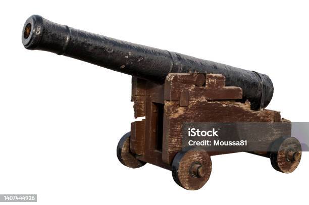 Obsolete Defense Oldfashioned Battle Gun And Vintage Weapon Concept With Photograph Of Aged Naval Canon Made Of Wood And Iron Isolated On White Background With Clipping Path Cutout Stock Photo - Download Image Now