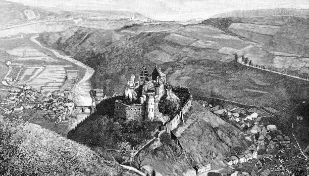Vianden Castle in the Our valley in the Ardennes in Luxembourg Illustration from 19th century. ardennes department france stock illustrations