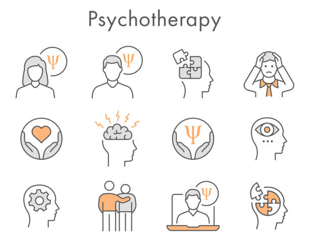 ilustraciones, imágenes clip art, dibujos animados e iconos de stock de conjunto de iconos de psicoterapia. colección de mental, depresión, emoción, médico y más. ilustración vectorial. trazo editable. - therapy mental illness behavior mental health