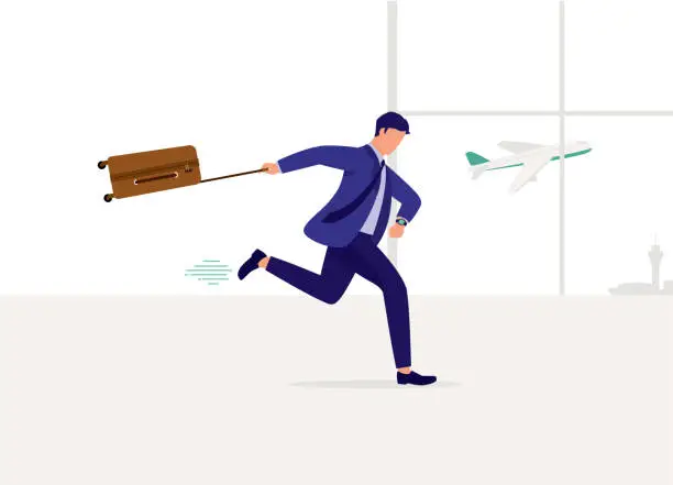 Vector illustration of Businessman Running Late For His Flight At The Airport.