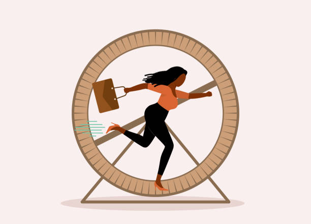 Stressful Work-Life Concept. Black Woman Running On Hamster Wheel. One Stressful Black Woman In Businesswear Running On Hamster Wheel. Isolated On Color Background. rat race stock illustrations