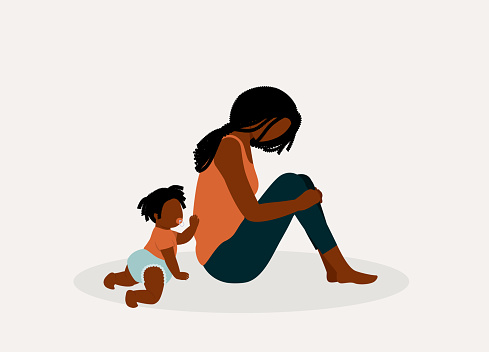 Black Mother With Postpartum Depression Sitting On Floor Neglecting Her Baby Girl Who Is Trying To Reach To Her. Isolated On Color Background.