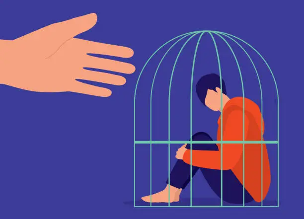 Vector illustration of Mental Health Support Concept. Depression Man Sitting Inside Prison Cage Waiting For A Helping Hand.