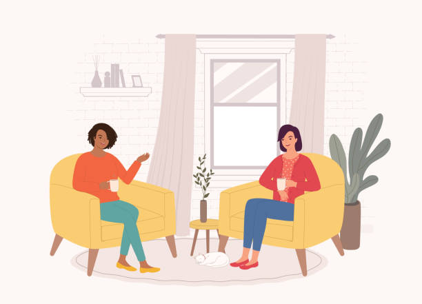 Mixed Race Female Friend Talking With Each Other In Living Room. Two Smiling Female Friend With Different Ethnicity Chatting With Each Other While Having Hot Drink In The Living Room. Isolated On Color Background. day drinking stock illustrations