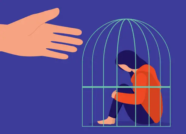 Vector illustration of Mental Health Support Concept. Depression Woman Sitting Inside Prison Cage Waiting For A Helping Hand.