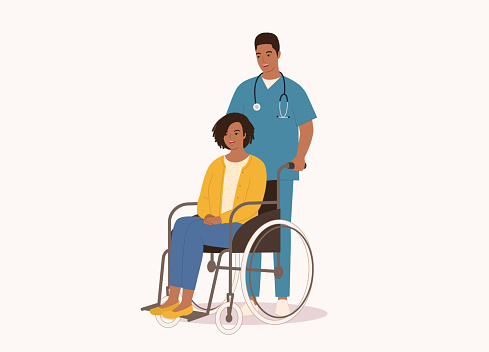 Smiling Black Male Nurse Pushing Wheelchair With Disabled Young Woman. Isolated On Color Background.