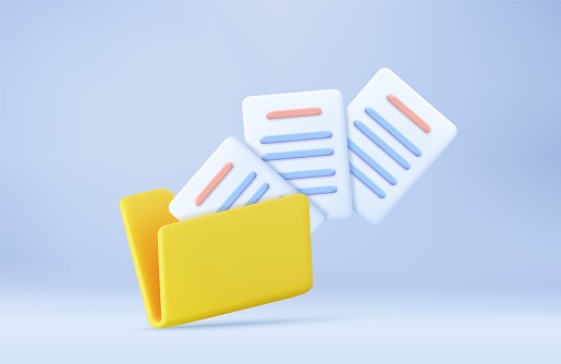 yellow computer folder with flying blank documents. minimal design folder with files, paper icon. File management concept. 3d rendering. Vector illustration