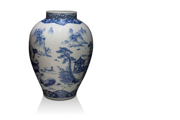 istock beautiful big white and blue ceramic pot on white background, container, object, old, keep, banner, template, copy space 1407452487