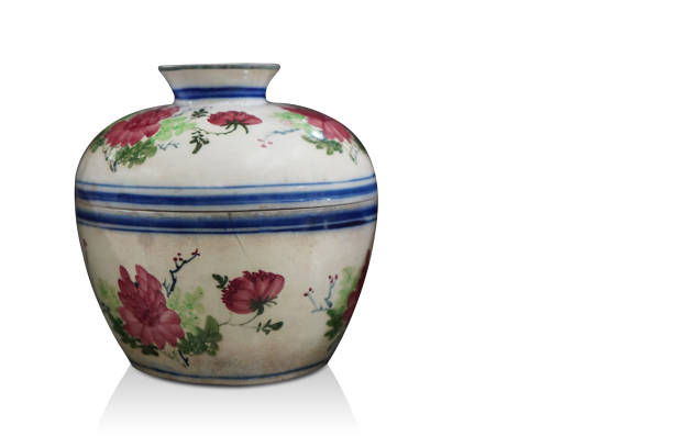 istock front view old white and blue ceramic pot and lid on white background, object, food, copy space 1407452523
