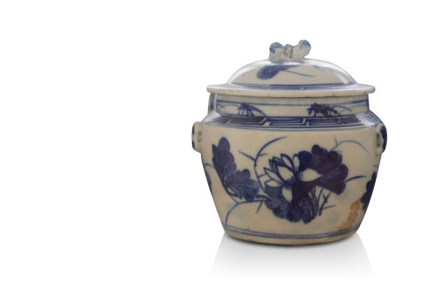 istock inside right, white and blue ceramic pot and lid on white background, object, food, kitchen, copy space 1407452540