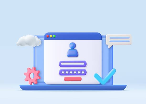 Computer and account login and password 3d Computer and account login and password form page on screen. Sign in to account, user authorization, login authentication page concept. Username, password fields. 3d rendering. Vector illustration registration form stock illustrations