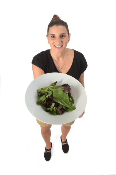 woman showing a saled on white background