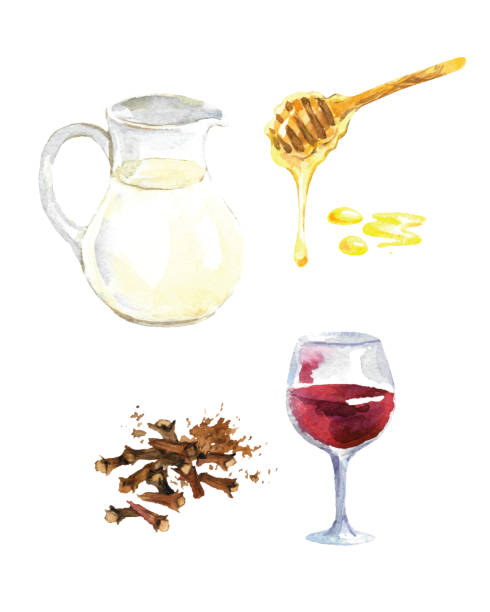 우유, 꿀, 정향, 와인 한 잔의 수채화 찻잔 - wineglass illustration and painting isolated on white clipping path stock illustrations