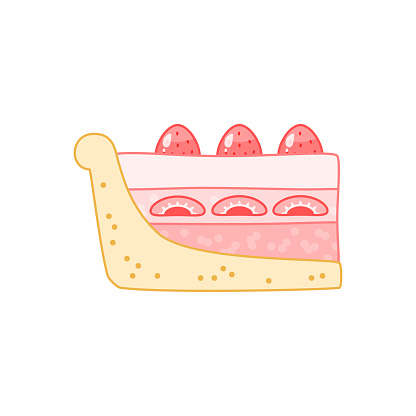 Flat cartoon illustration of a slice of cake with berries isolated on a white background. Vector 10 EPS.