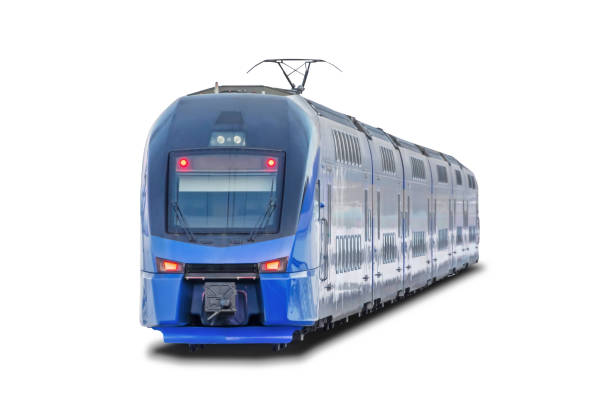 double-decker commuter city electric train in blue color isolated on white background - transportation railroad track train railroad car imagens e fotografias de stock