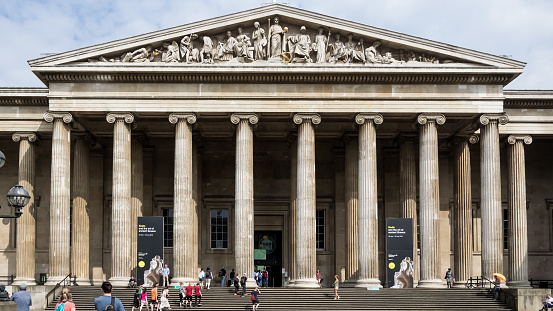 London, England – July 2018 – Architectural detail of the British Museum, a public museum dedicated to human history, art and culture located in the Bloomsbury area of London.