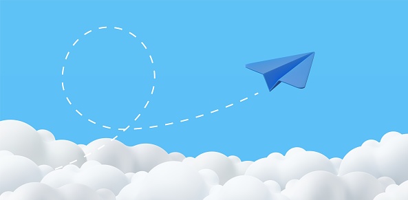 3d paper airplane with clouds Minimal cartoon cute smooth. creative vision leadership concept. Modern trendy design. 3d rendering. Vector illustration