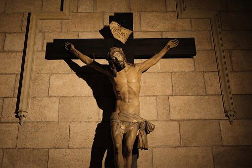 Antwerp, Belgium - September 4, 2013: Crucifixion as part of Seven Sorrows of Virgin cycle by Josef Janssens from years 1903 - 1910 in the cathedral of Our Lady.