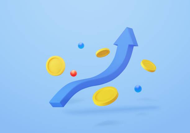 ilustrações, clipart, desenhos animados e ícones de gráfico de ações de crescimento 3d com ícone de investimento de moedas, gráfico do mercado de ações uptrend - graph growth chart finance