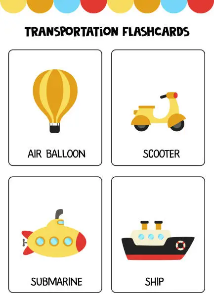 Vector illustration of Cute cartoon transportation means with names. Flashcards for children.