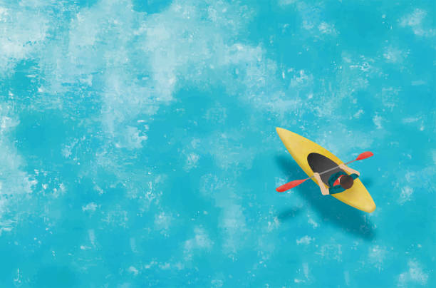 青い海と男のカヤック水彩画 - rowboat点のイラスト素材／クリップアート素材／マンガ素材／アイコン素材