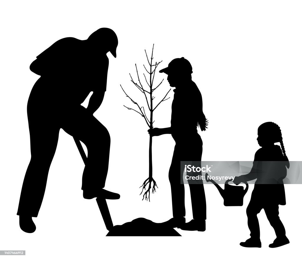 Trồng Cây Và Cảnh Quan Hình Bóng Của Người Đàn Ông Với Xẻng Và Trẻ ...